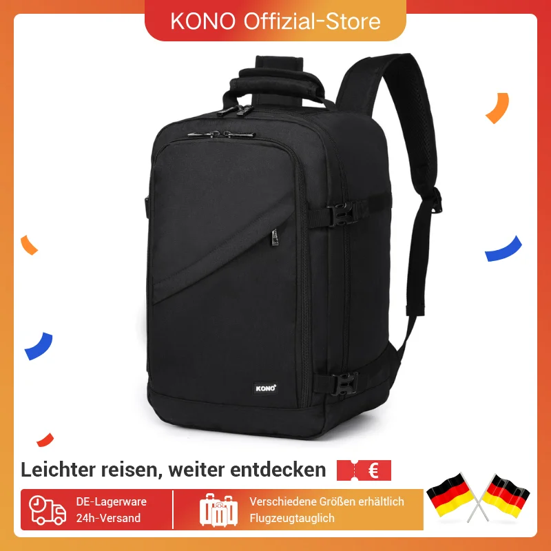 Kono Cabin bag 40x20x25 cm for Ryanair Under Seat hand luggage Backpack, Cabin Size 20L Black Minimalist