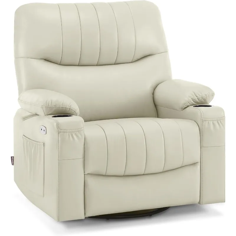 Power Swivel Glider Rocker Recliner Chair for Nursery with Vibration and Heat, USB Ports, Cup Holders and Pockets, Faux Leather