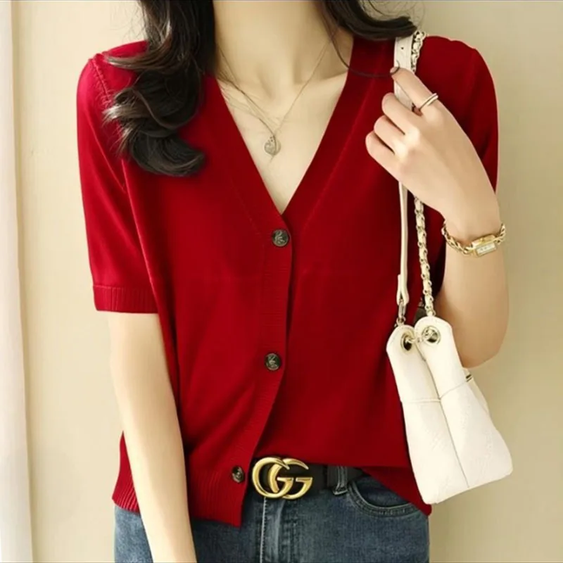 

Вязаный свитер-кардиган для женщин с коротким рукавом, трикотажный кардиган, женский топ, новый, с V-образным вырезом, белый, Sueter Feminino Q3369