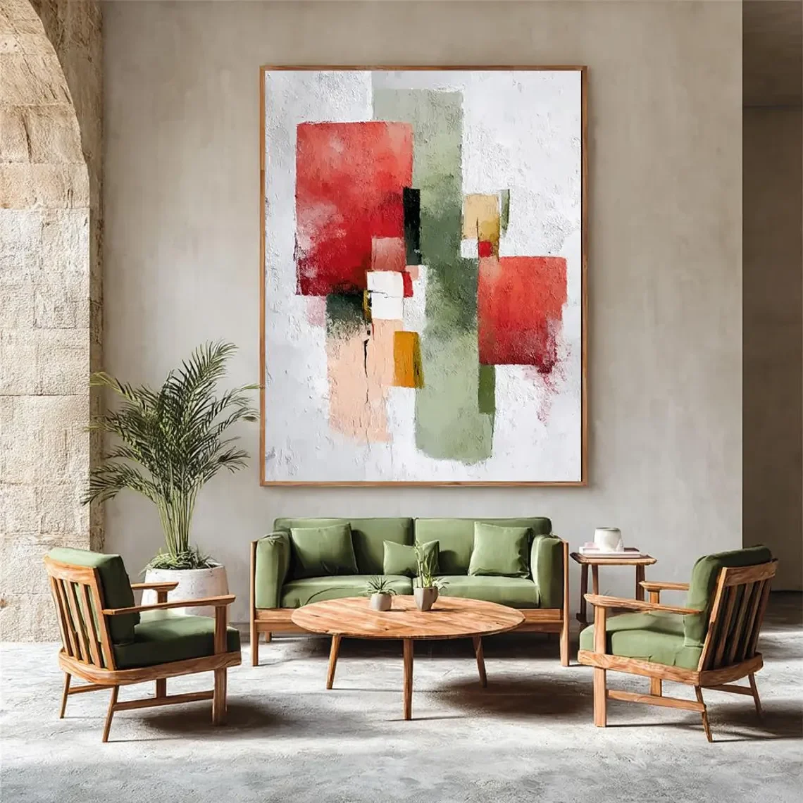 Red & Green Hand-Painted Abstract Painting on Canvas, Textur