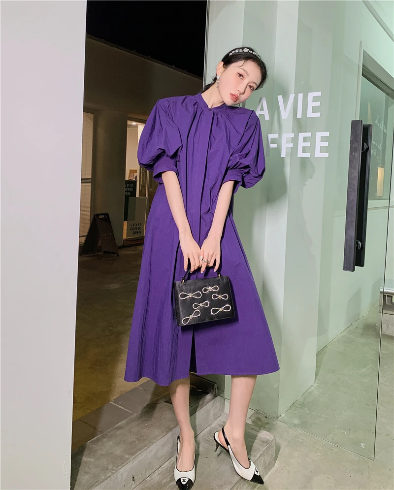 

Women Dresses Spring/ Summer Vintage Balloon Sleeve Long Dress Purple Loose A-line Skirt Small Stand Collar Female Clothing