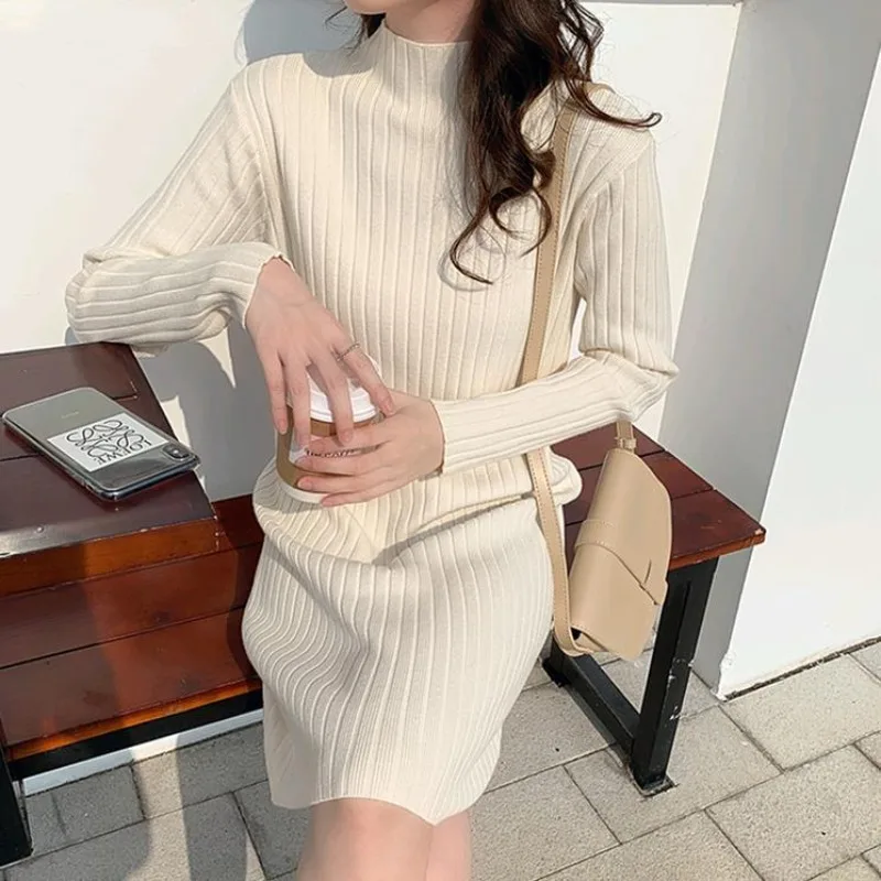 Women's Dresses Turtleneck Cover Up White Knit Female Dress Knee Length Loose Crochet Midi Outfits Hot New in Designer Clothing