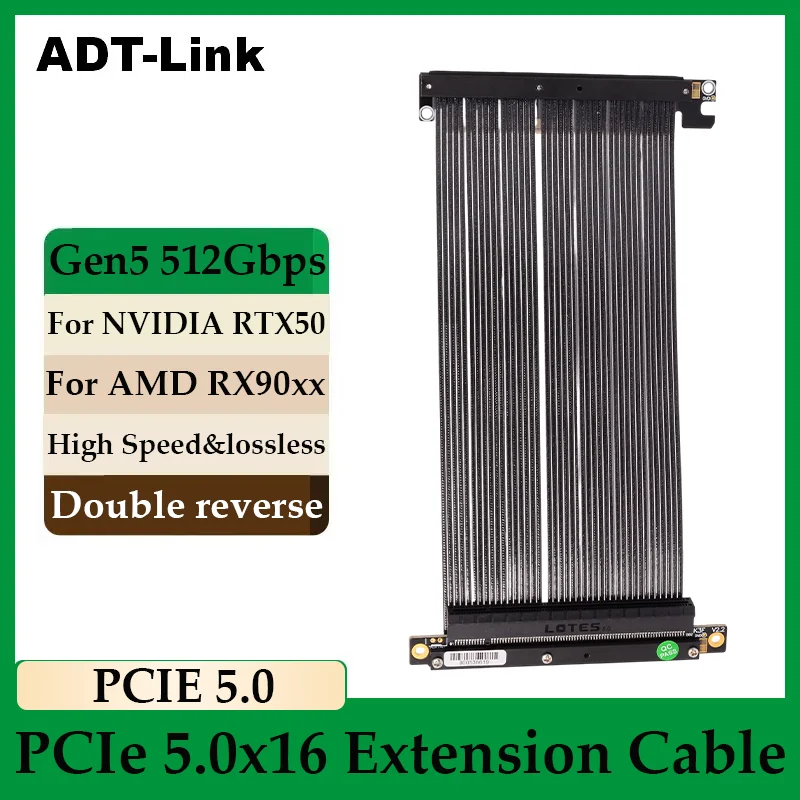 

ADT-Link PCIe 5.0 x16 Double Reverse Graphics Card Riser Adapter High-Speed Lossless Ultra-Thin Silver-Plated Extension Cable