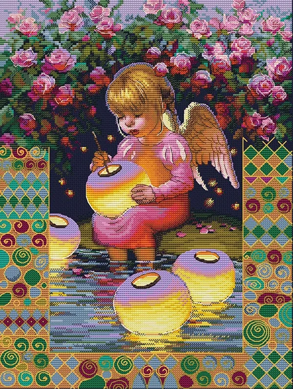 

Cross Stitch Canvas Kit, Embroidery DIY, Handmade Needlework, Little Angel with Lantern, 14CT, Aida Count