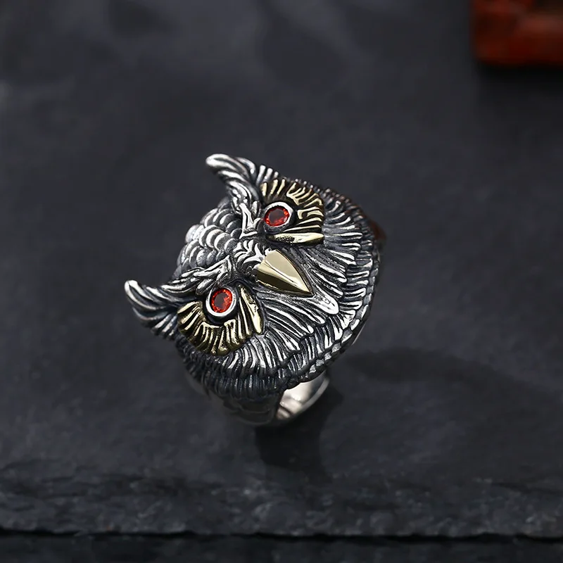 Wholesale 925 sterling silver men's owl men's open ring thai silver retro distressed personalized jewelry