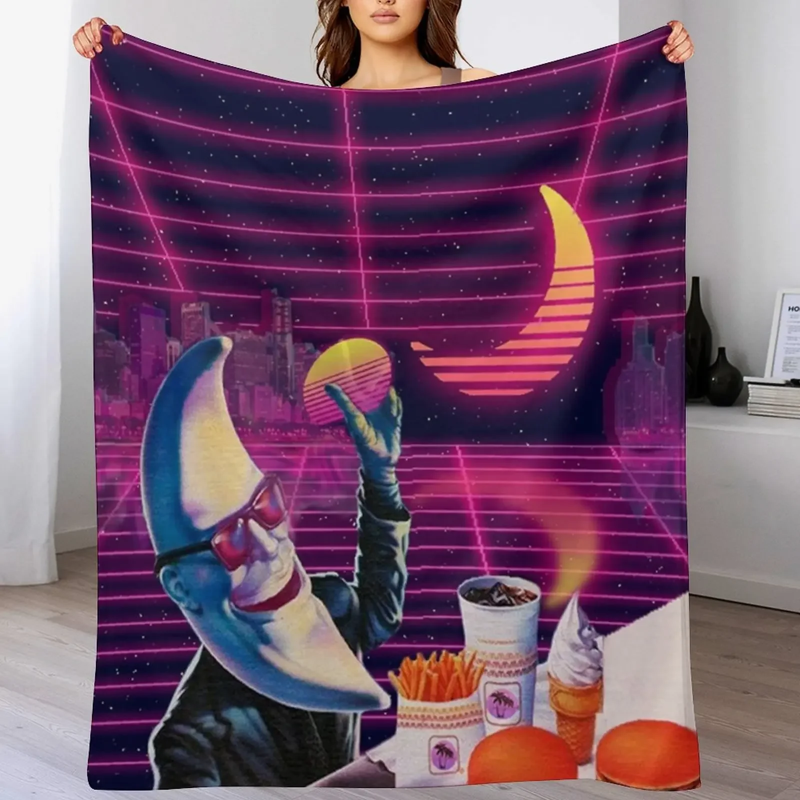 Moonday Night 80s Retro Aesthetic Vaporwave Throw Blanket Thin Furry Luxury Brand funny gift Blankets