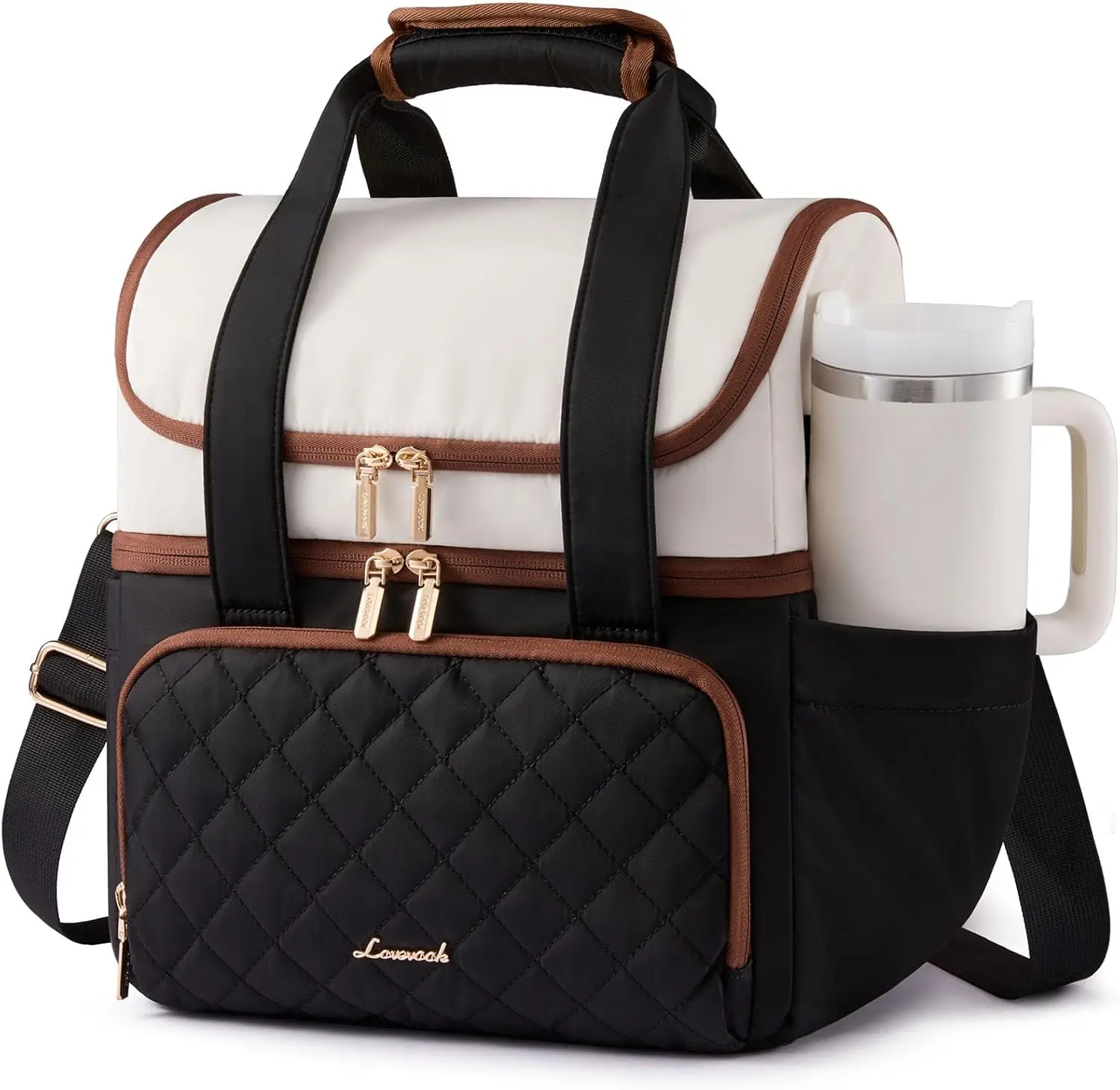 

Insulated Double Deck Lunch Bag with Cup Holder, Leakproof Cooler Tote for Work Picnic Beach