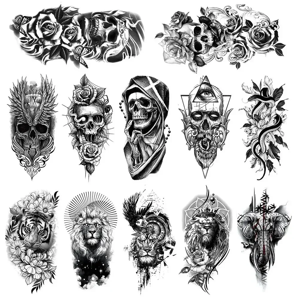 12 Sheets Temporary Tattoo for Men Women Adults,   Halloween Tattoos Scary Lion Tiger Skull Skeleton Tattoos Stickers