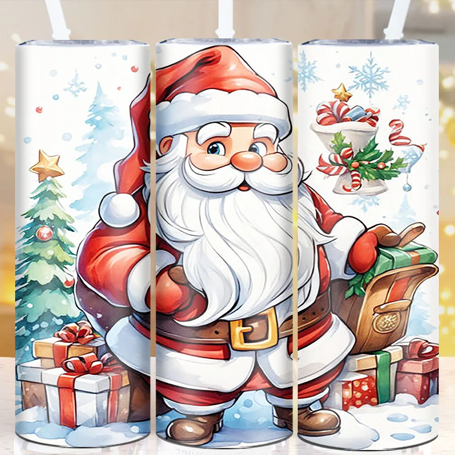 

1Pc Party Christmas Tumblers Straw Lid 20oz 3D Print Stainless Insulated Coffee Tumblers Santa Claus Reusable Party Supplies