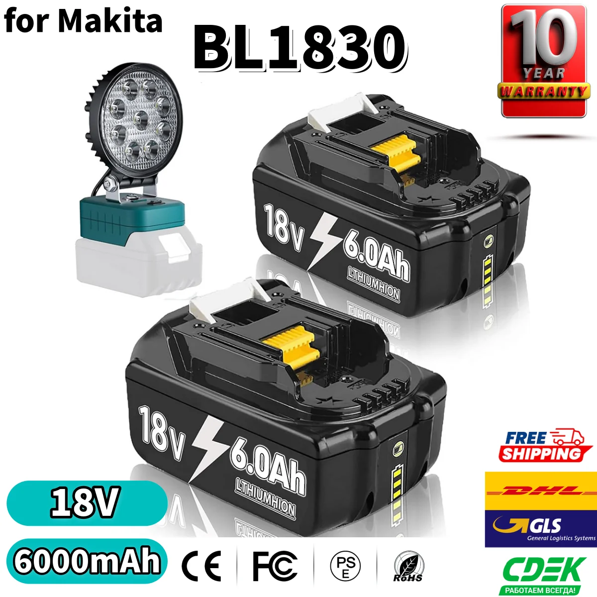 Batteria Ricaricabile Sostitutiva per Makita 18V BL1830 6000mAh BL1850 BL1840 BL1860 con Caricabatterie Singolo 4A/Doppio 6A