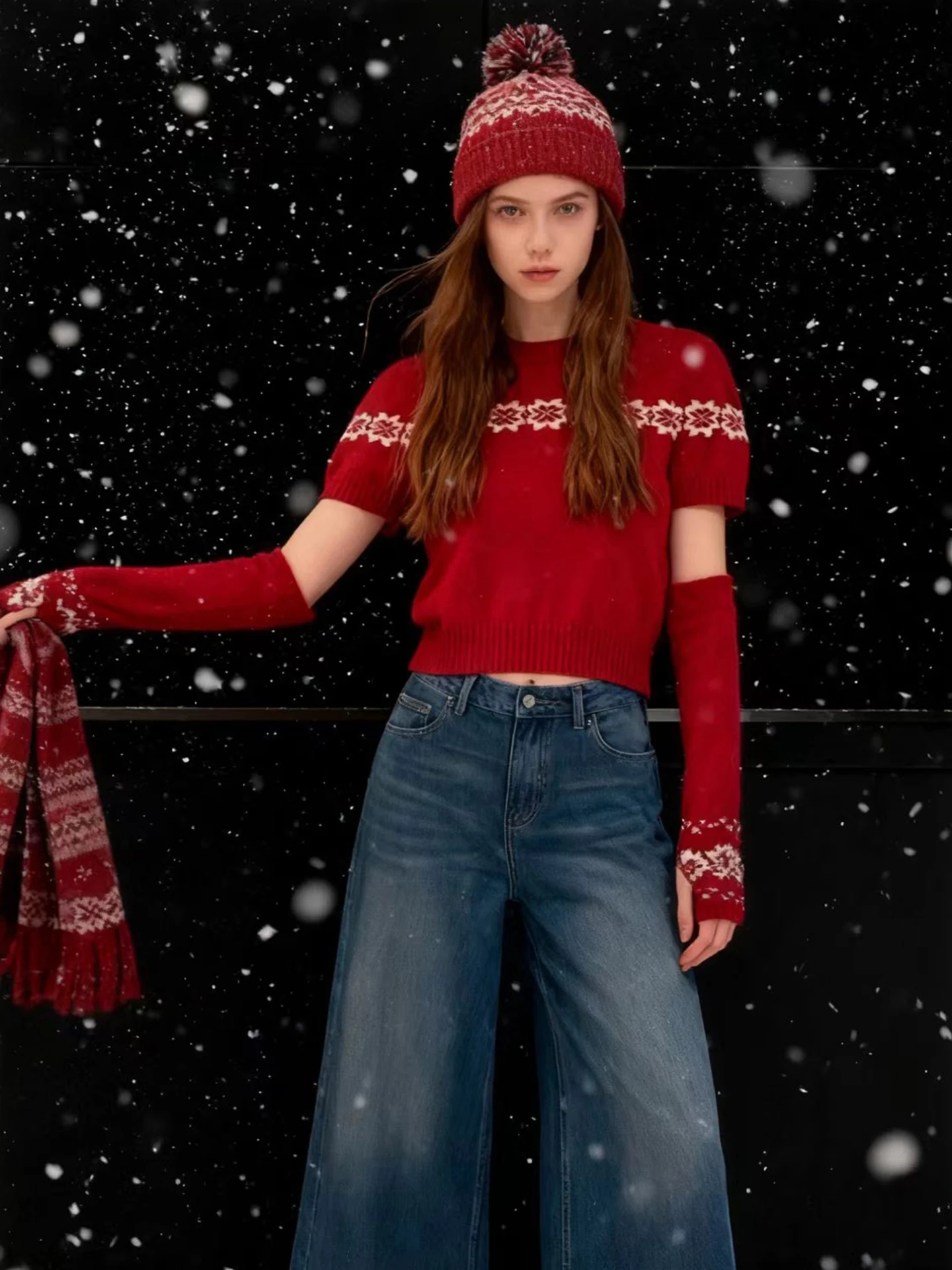 

HUAAPPUW Cisas Sle Fair Isle Knitwear round Ne Sweater Women's Warm Red Knitted Top Soft Acrylic Blend Winter New Arr...