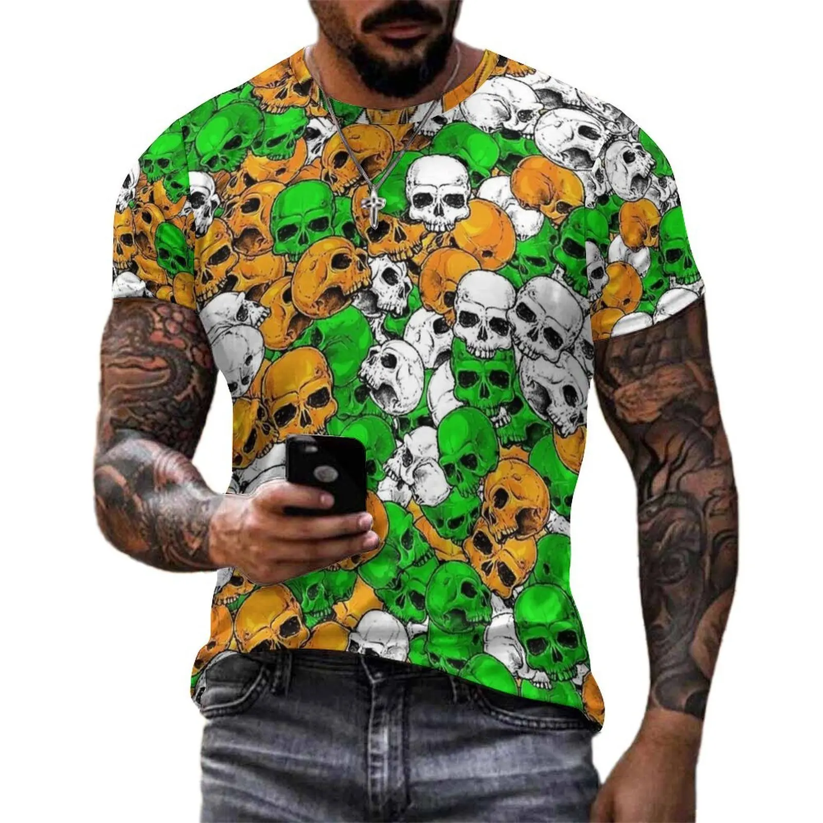 Mens Halloween T-Shirt Irish Skulls Retro T-Shirts Short-Sleeved Pattern Tops Hot Sale Summer Kawaii Oversized Clothes