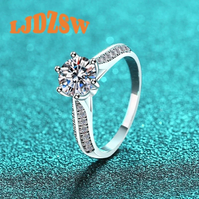 

S925 Sterling Silver Moissanite Ring with 6 Prong Setting Round Brilliant Cut 1ct Stone Pave Band Wedding Anniversary Jewelry