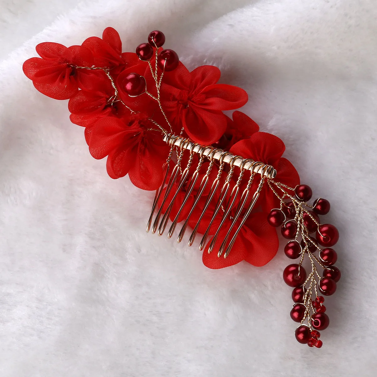 

Jewelry Pearl Bride Hair Accessories Clip Red Flower Comb Bridal Headpieces for Wedding