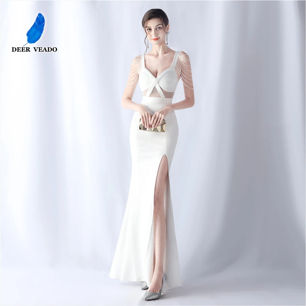 

DEERVEADO Sexy Deep V Neck Soft Satin Evening Dress Luxury Beading Party Maxi Dress Women's Long Formal Occasion Dress