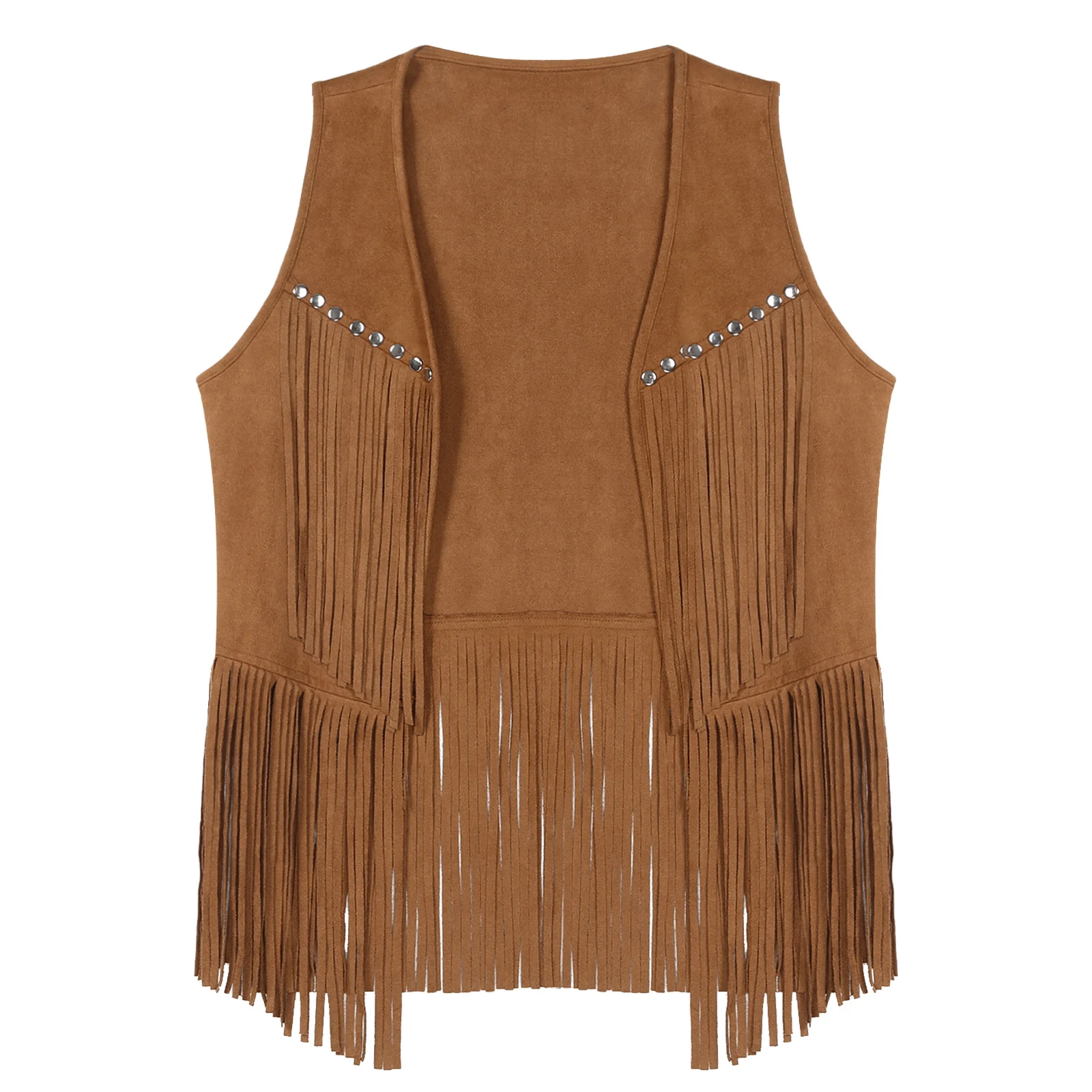 Mens Faux Suede Tassel Vest Fashion Rivets Fringe Waistcoat Open Front Sleeveless Jacket Western Cowboy Vest for Music Festival