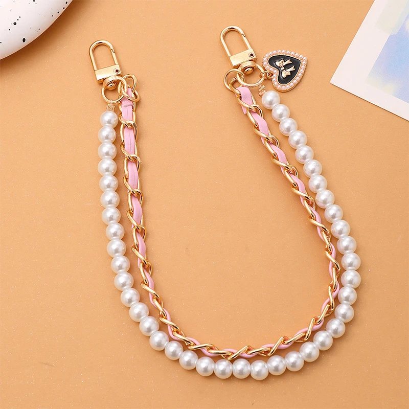 Leather Double Chain Pearl Bow Mobile Phone Chain Anti-Lost Phone Lanyard Keychain Anti-fall Water Cup Pendant Camera Wristband