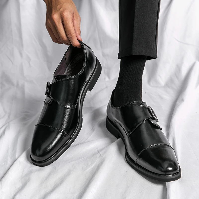 Single Monk Strap Loafers for Men Buckle Business Men Dress Shoes Brown Breathable Zapato De Vestir Para Hombre