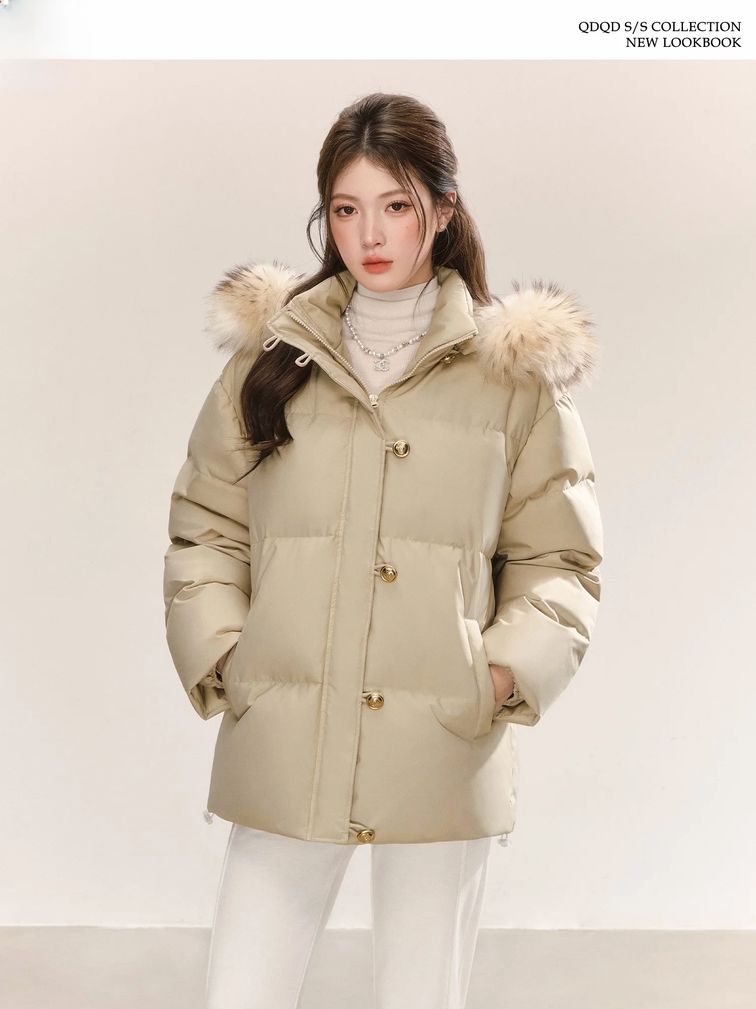 

QDQD Теплая зимняя женская куртка-пуховик с капюшоном и съемным воротником из норки, 90% белый утиный пух