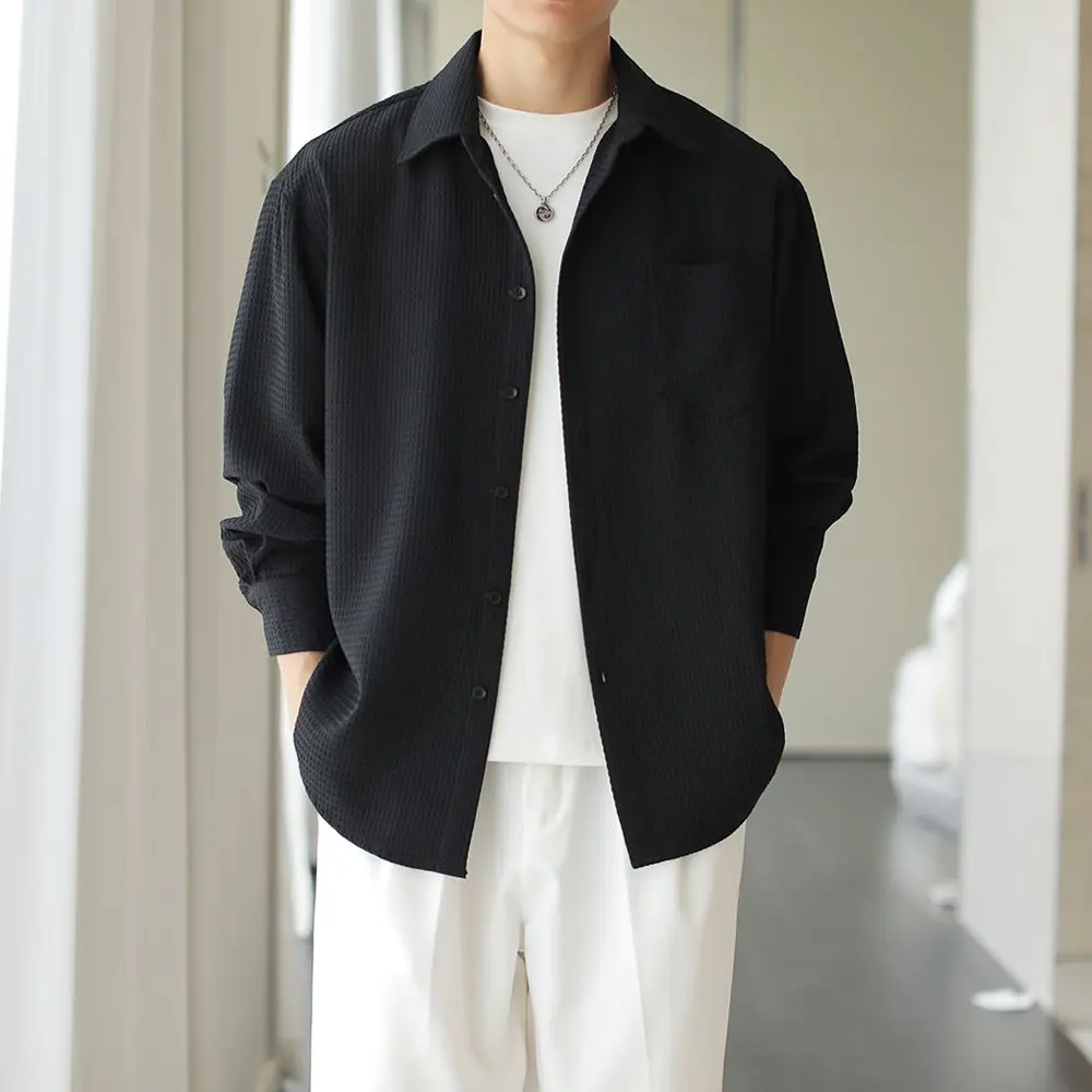 

Корейская мужская куртка-рубашка с длинным рукавом, легкая, из полиэфирного волокна, универсальная, на все сезоны, повседневная, свободного кроя.