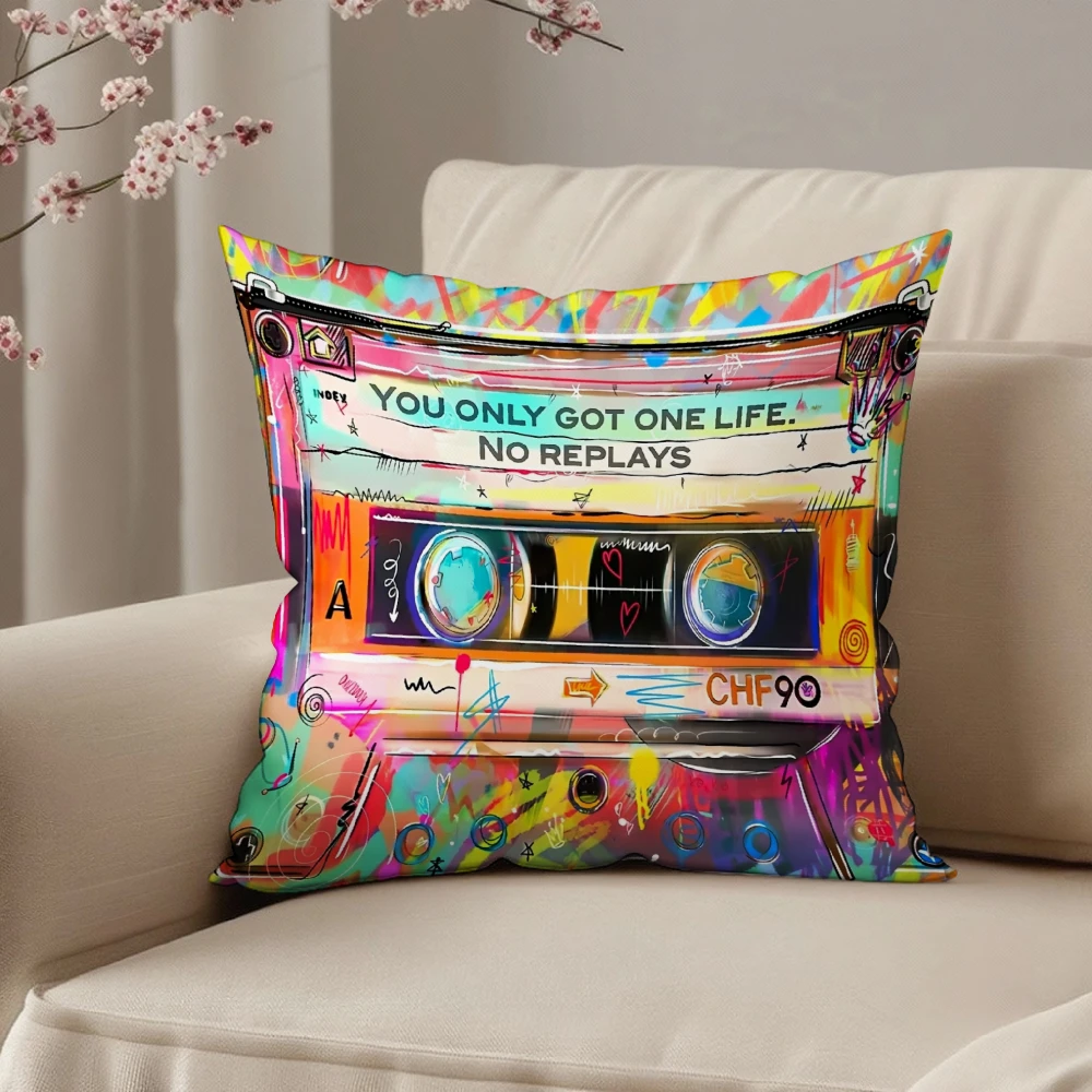 Rectangular Throw Pillow Multicolor Retro Cassette Tape You Only Got One Life No Replays Print For Living Room Sofa Bedroom Deco