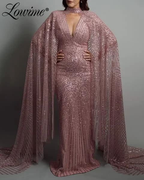 

Luxury Dubai Design Beaded Evening Dress For Women Sequined Bridal Gowns With Cape Sleeve Long A Line Party Dresses Customized