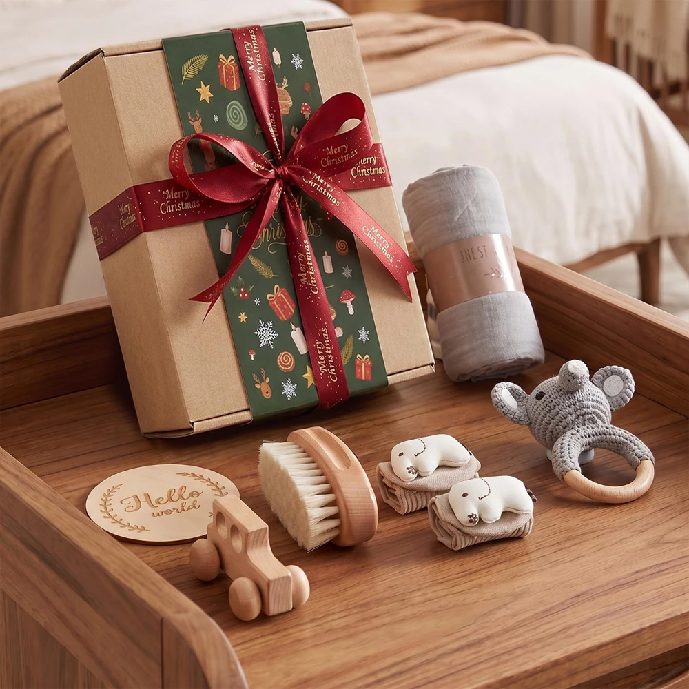set-regalo-natalizio-per-neonati-spazzola-in-legno-asciugamano-da-bagno-sonaglio-elefante-all'uncinetto-calzini-coordinati-set-per-la-cura-del-neonato-per-baby-shower-festivo