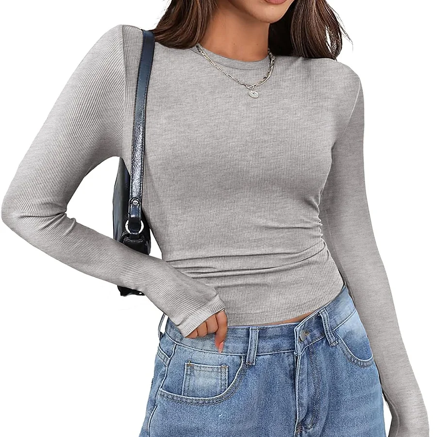 Autumn Long Sleeve Shirts for Women Crewneck Slim Fitted Knit Y2k Tops Casual Ribbed Basic Tee Blouses Dressy Fall Outfits