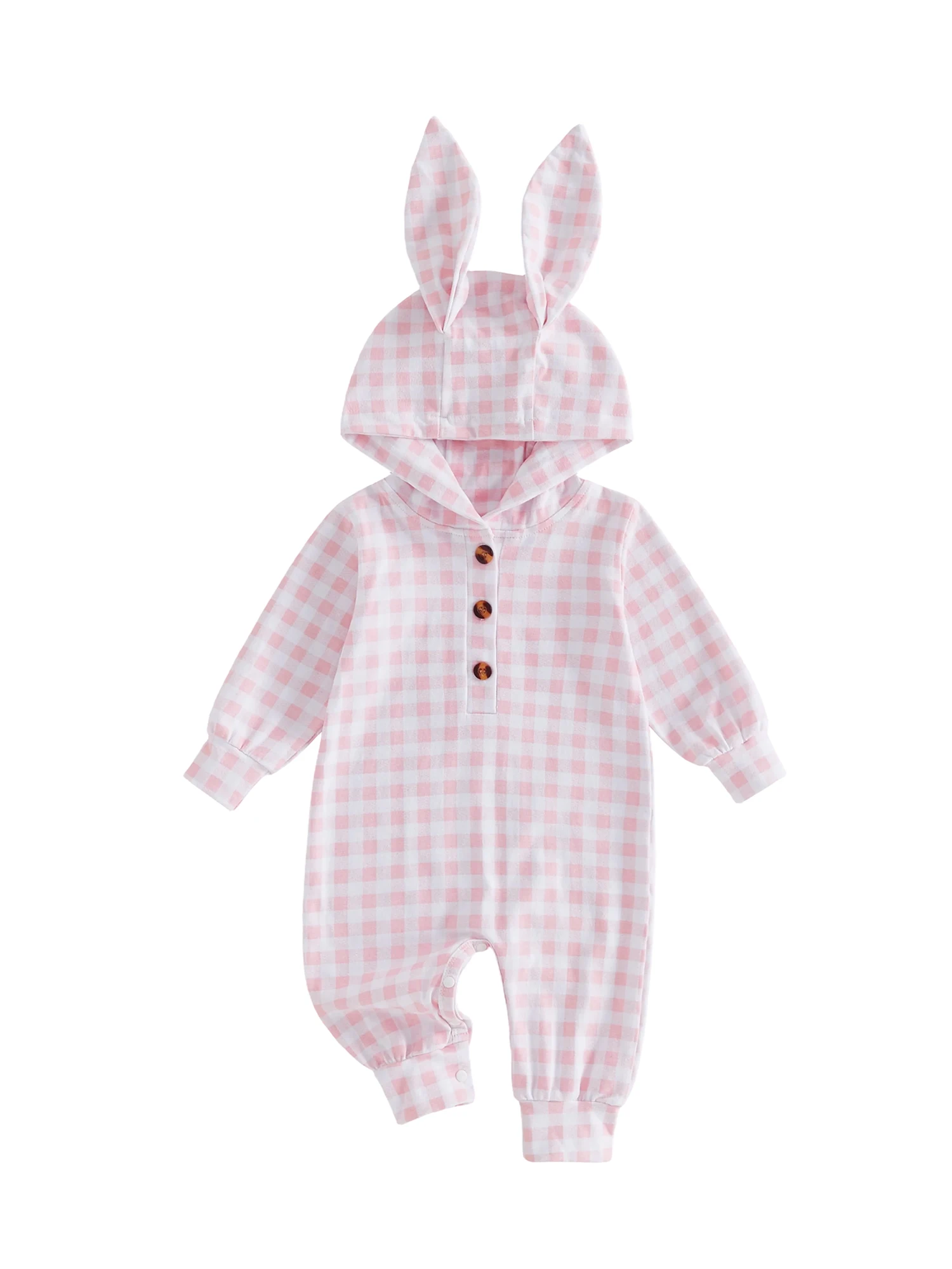 

Cute Bunny Ear Hooded Jumpsuit Long Sleeve Plaid Romper for Infants Easter Outfit for Baby Boys and Girls