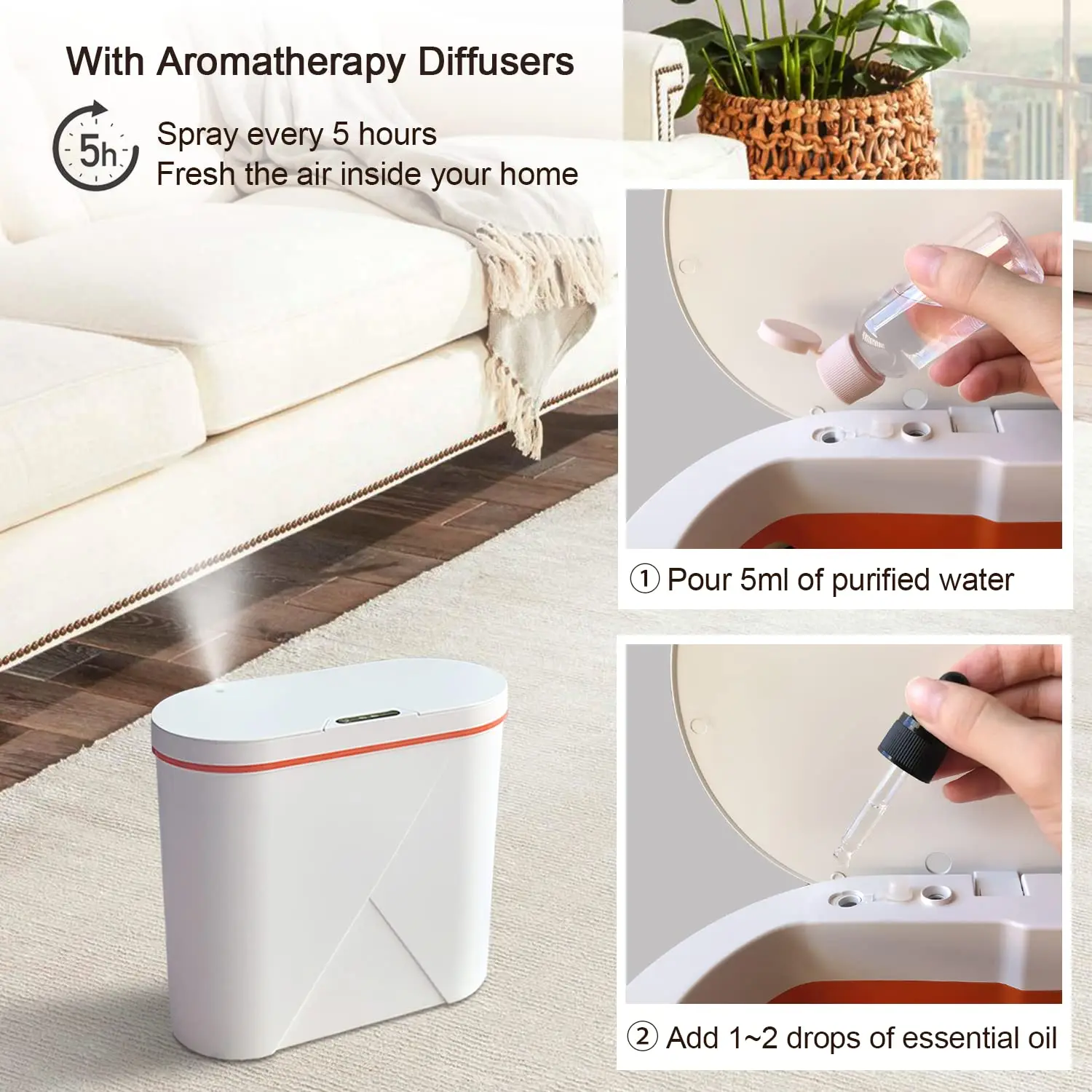 Automatic Trash Can with Essential Oil Diffuser,Bathroom Trash Cans with Lid,Motion Sensor Touchless Trash Can Bedroom Kitchen