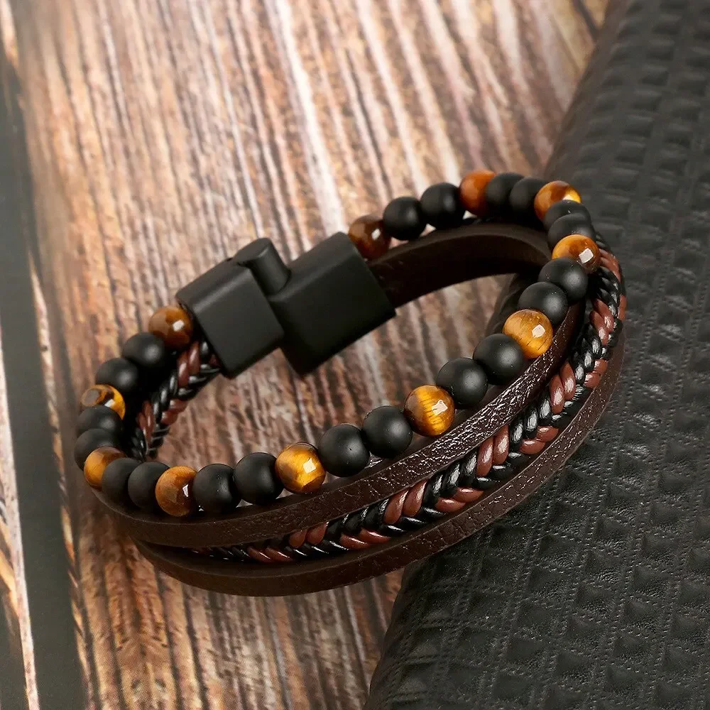 Pulseira de couro multicamada masculina, olho de tigre frisado, moda clássica, presente joias