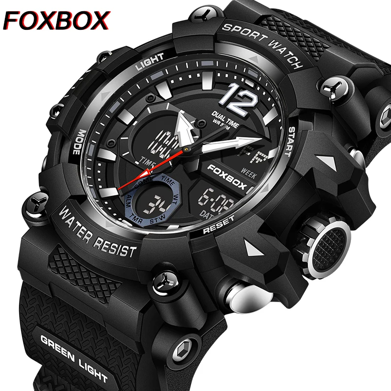 

FOXBOX повседневные спортивные электронные часы для мужчин, модные часы с секундомером, водонепроницаемые светящиеся будильники недели, военные цифровые мужские часы