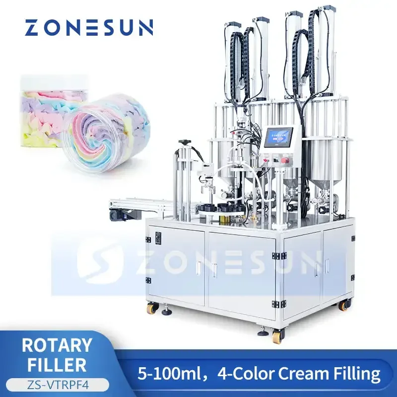 Zonesun ZS-VTRPF4 automática de enchimento de creme de 4 cores, enchimento cosmético rotativo para frascos de 5-100ml