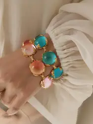 Brass Colorful Chunky Glass Crystal Beads Bracelet Women Men Lover Jewelry Designer T Show Runway Gown INS Japan Korean