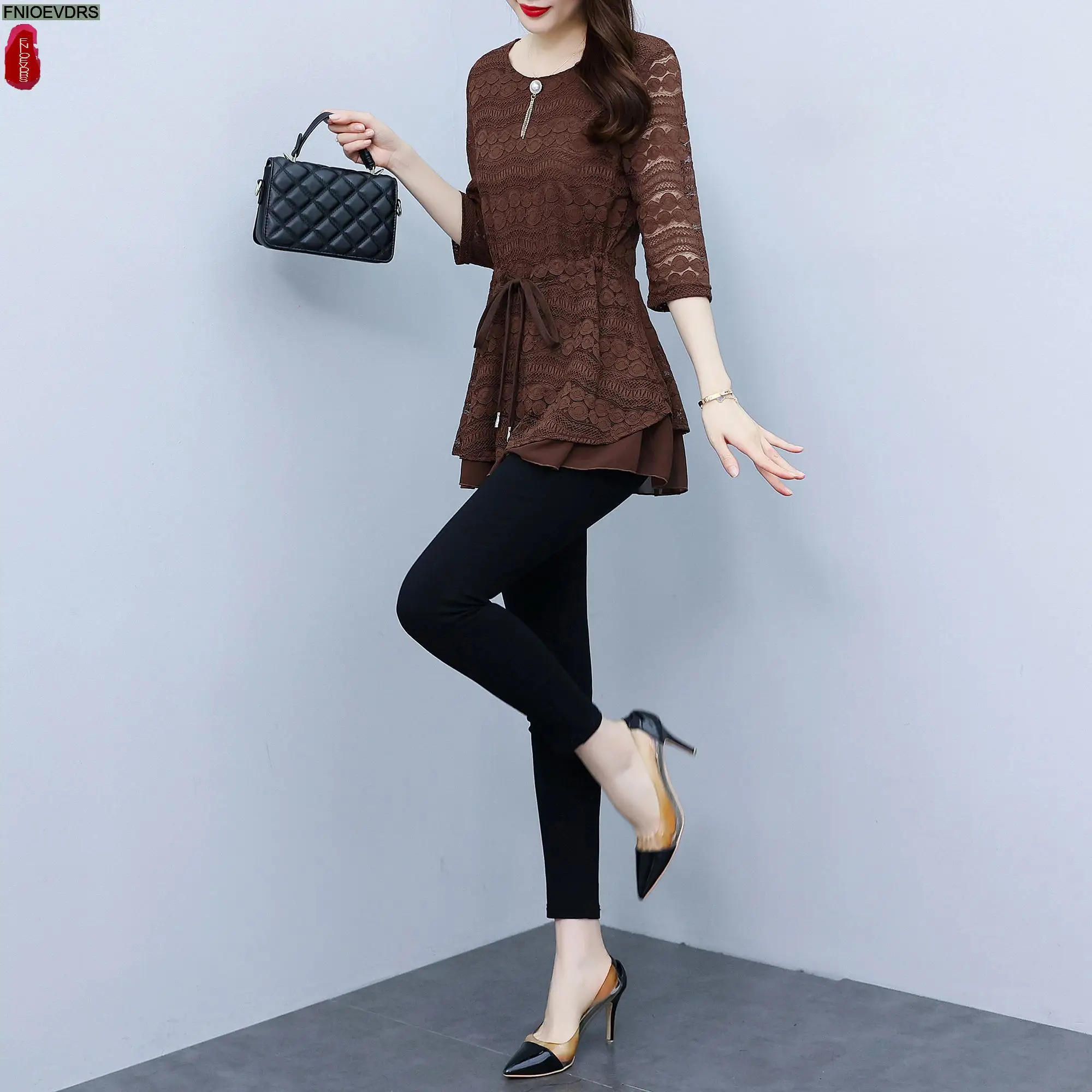 L-5XL Loose Clothes 2023 Women Summer Elegant Office Lady Work Black Lace Shirt Casual Slim Waist Tunic Peplum Tops And Blouses