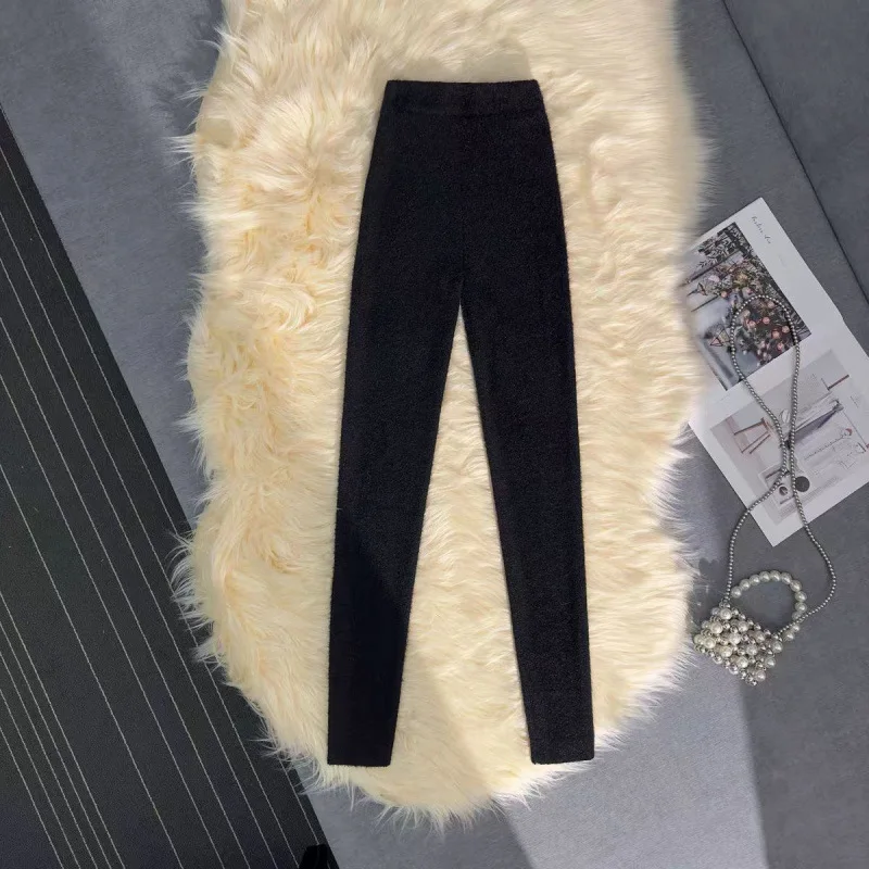Rosa imitação de vison veludo calças femininas cintura alta elástica pelúcia casual calças térmicas fino ajuste mais veludo quente leggings