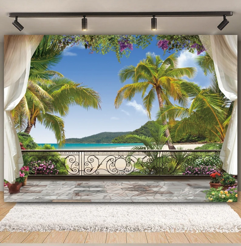 Summer Sea Landscape Backdrop Palace Balcony Curtain Tropical Beach Seaside Ocean Wedding Birthday Party Photography Background