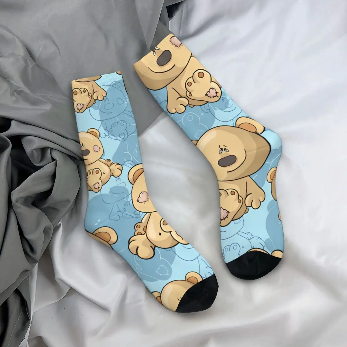 Chaussette en elin avec motif ours sur fond bleu pour homme, hip hop vintage, ours en peluche imprimé, chaussettes d'équipage pour garçons, cadeau décontracté