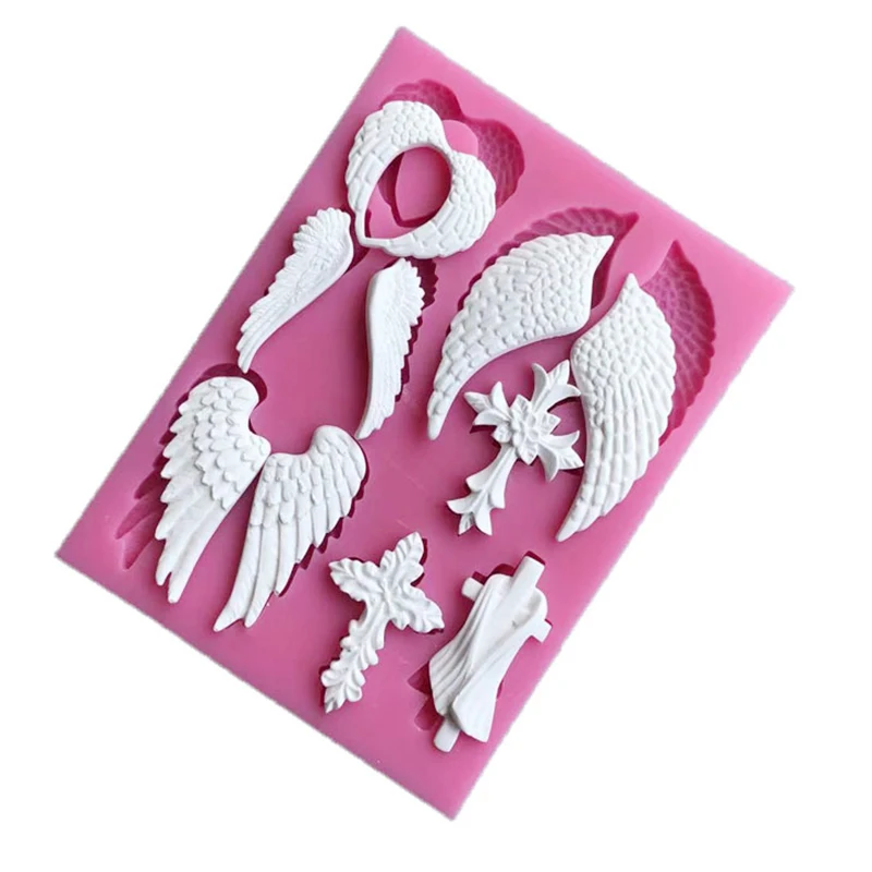 Moule de pâques en silicone en forme de croix et ailes d\'ange, décoration de gâteau, style pop, strass, bougies en sucre, outils exécutifs