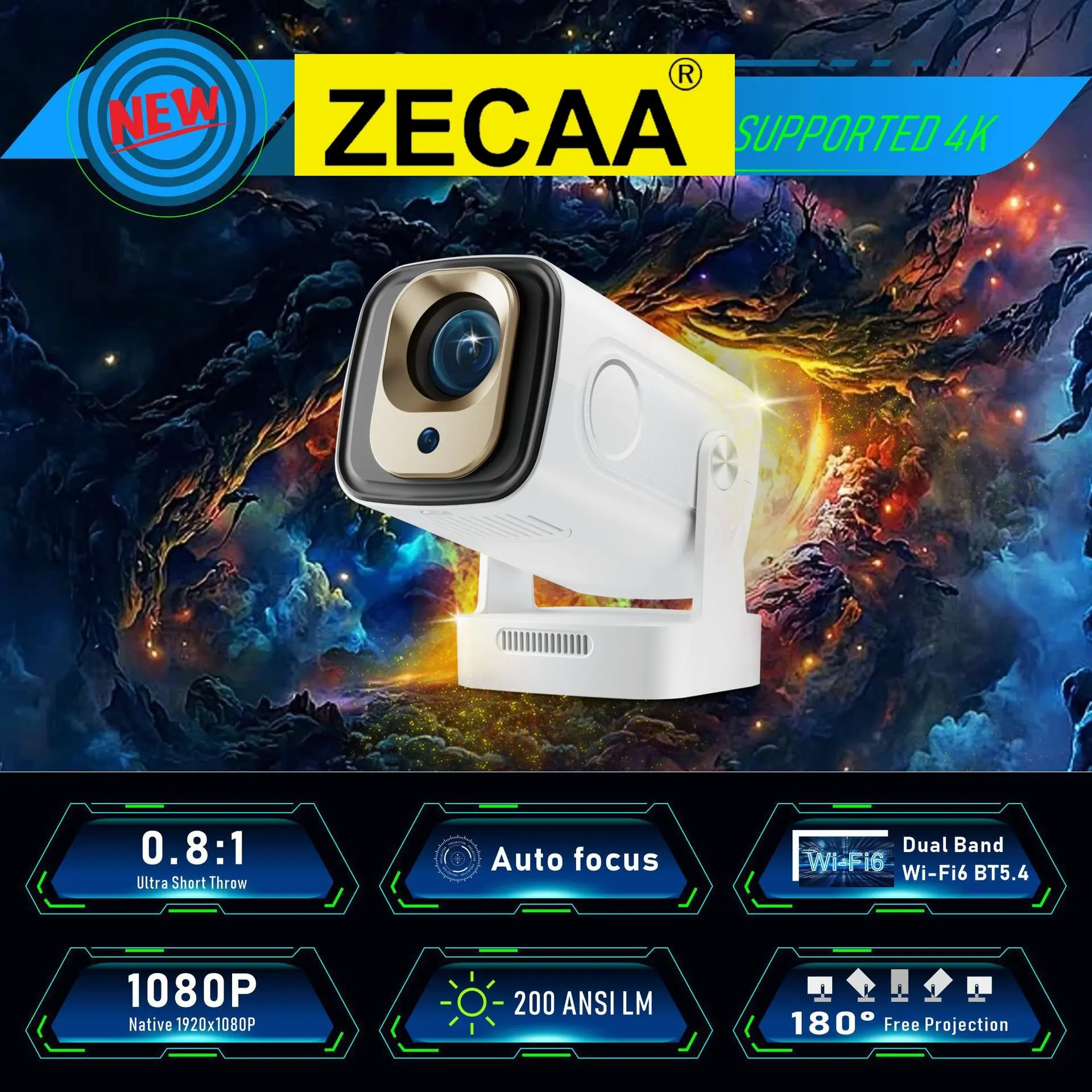 

ZECAA 180 Free Projection 1080P 4K Dual Band WiFi 6 Android 11 Portable Bluetooth 5.4 Smart Home Projector Video Smart Projector