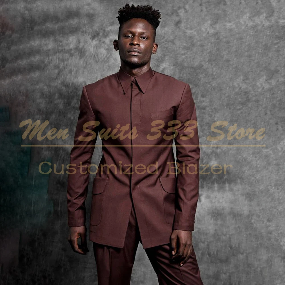 

Fashion Solid Color Men's Suits Customzied Single Breasted Stand Lapel 2 Piece Jacket Pants Full Sets Luxury Male Clothing Terno