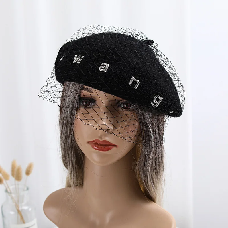 Women Fashion Winter Beret English Letter Sexy Netting Black Hats French Artist Warm Beanie Ladies All Match boina mujer