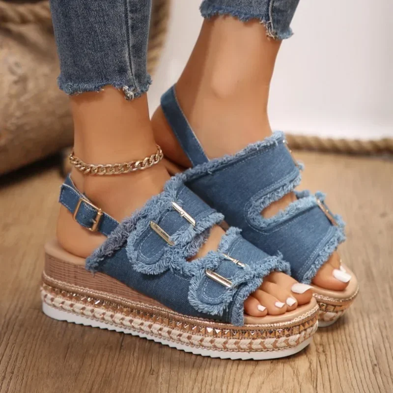 Women Chunky Platform Wedges Sandals Female Summer Blue Denim Beach Sandals Woman Ankle Straps High Heels Sandalias Plus Size 42