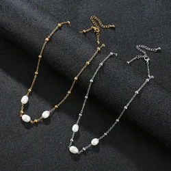HuPo.HuTu. Fashion Jewelry Women's Gift Freshwater Pearl Chain Waterproof 18K Gold Plated Bead Wrapped Stainless Steel Necklaces
