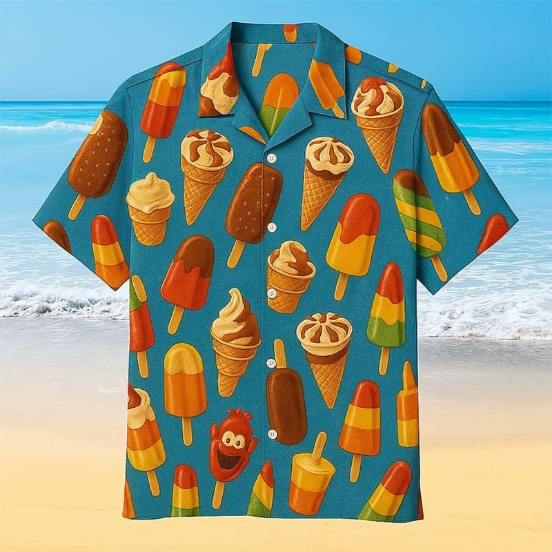 

Summer Ice Cream Cartoon Casual Hawaiian Shirts For Men Cool Street Short Sleeve Lapel Shirts Breathable Funny 3D Print Blouse