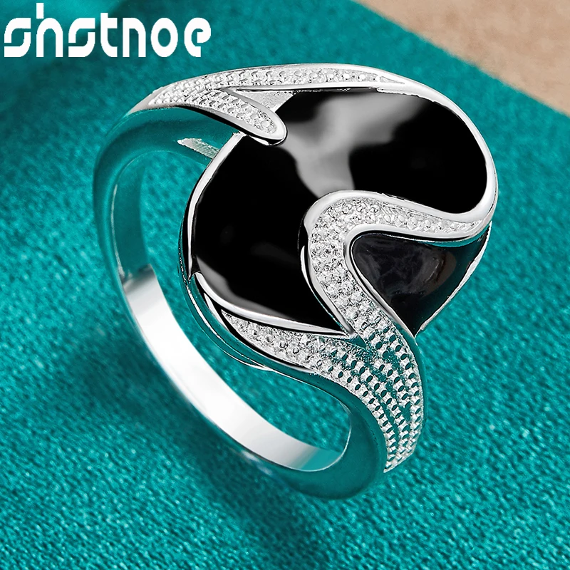 

SHSTONE Wholesale 925 Sterling Silver Vintage Charm Epoxy Black Ring For Women Man Bands Jewelry Accessories Party Birthday Gift