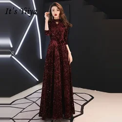 It's YiiYa Evening Dress Dark Wine Red Sequins Plus Size Three Quarter Sleeve Women Party Formal Gown vestidos de fiesta LF081