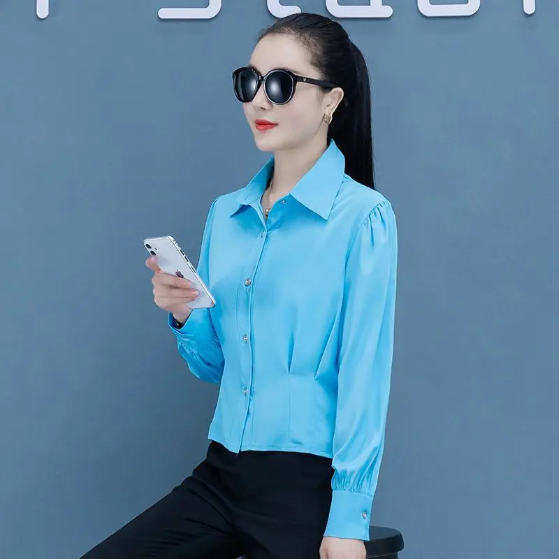 Women Spring Casual Fashion Simplicity Solid Color Polo Collar Long Sleeve Shirts Women Clothes All-match Temperament Slim Tops