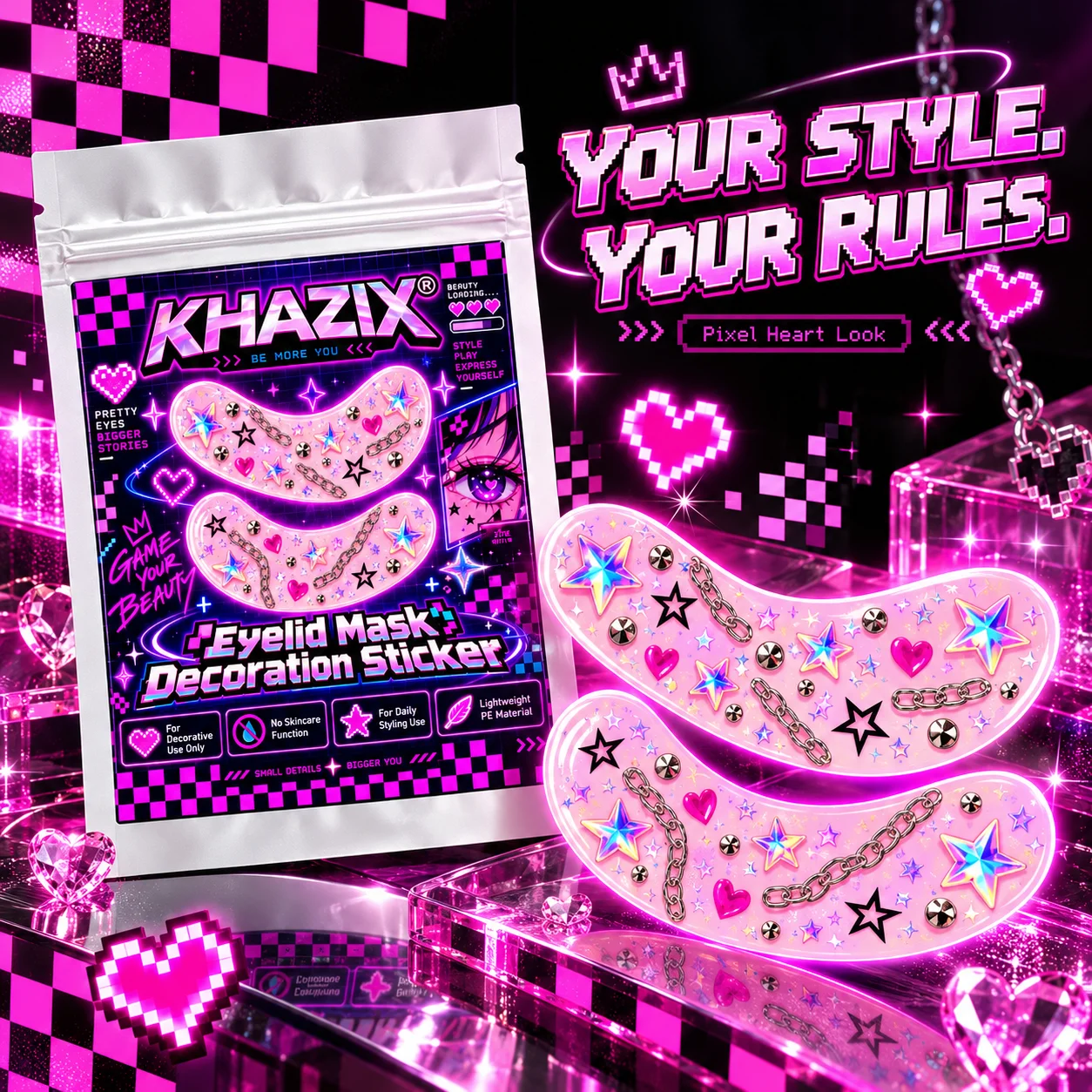 10/5/1 Pairs Y2K Pixel Pop Under-Eye Stickers, Pink Star, Heart & Chain Eye Makeup Decals for Halloween, Cosplay & Parties