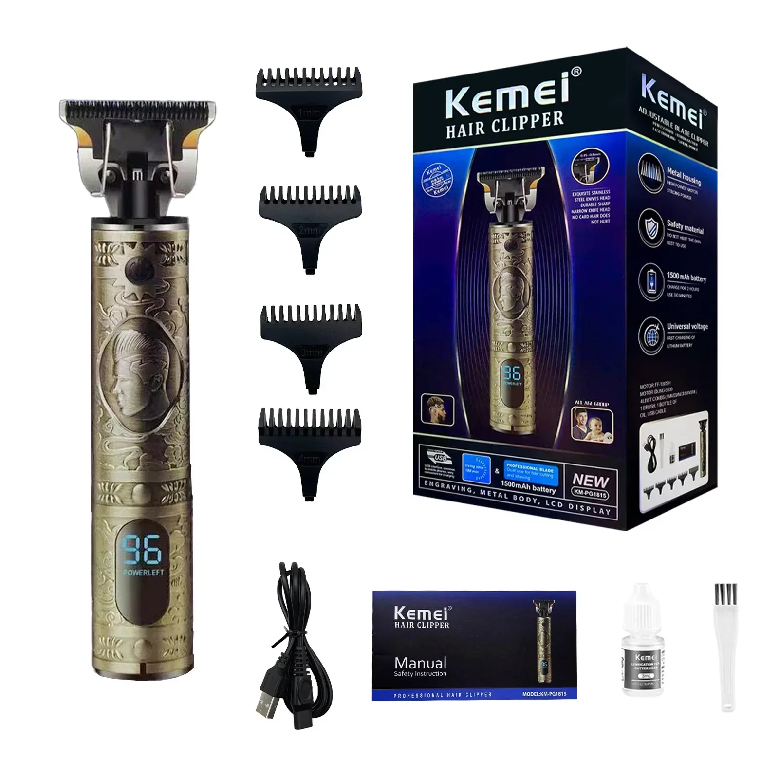 

Kemei electric clipper KM-PG1815 metal old man's head pattern carving push scissors LCD LCD digital USB haircut